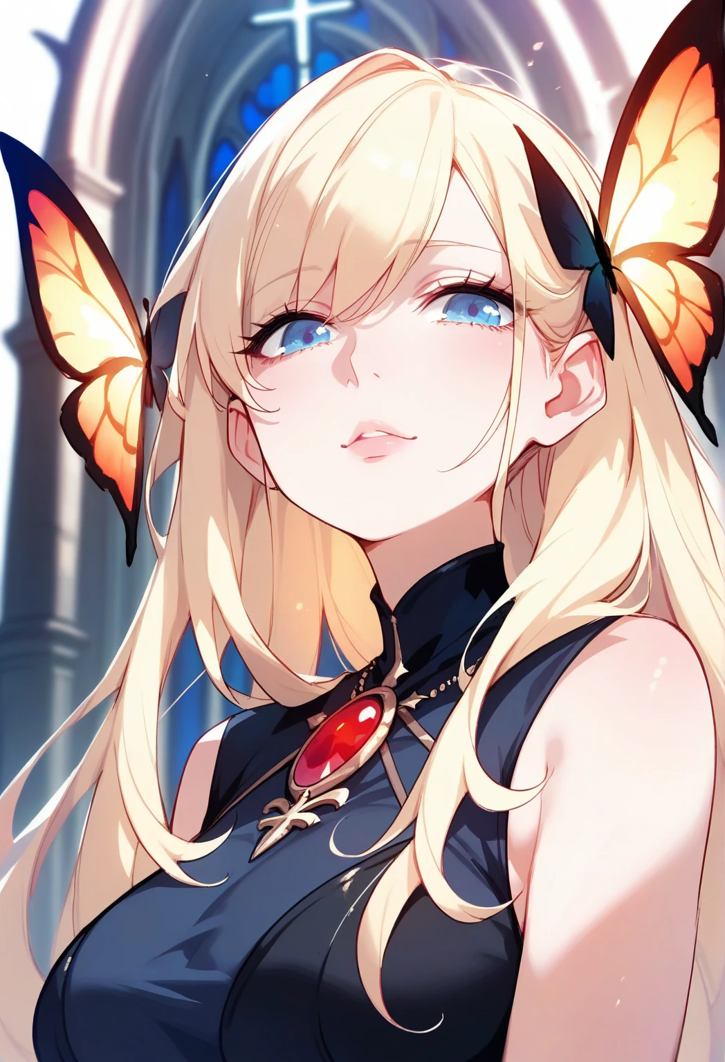 Evil woman, 8 massive red gigantic glowing transparent wings butterfly seraph, dark church, close up, from below, menacing, blonde hair, blue eyes