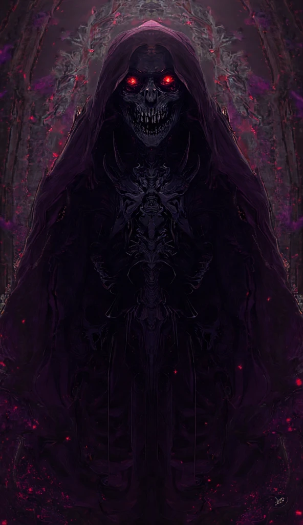 score_9, score_8_up, score_7_up, score_6_up, source_anime, best quality, masterpiece, colorful, very aesthetic, anime, BREAK  ainz ooal gown, skeleton, lich, dark robe, red dot eyes, overlord, so-bin style, teeth, hood