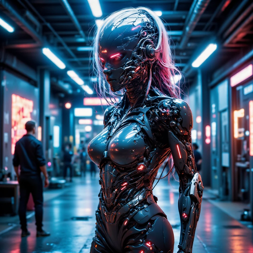 A futuristic cybernetic woman stands close to the camera, her face a complex amalgamation of translucent bio-glass and polished chrome, with a transparent polyethylene film draped over, adding a layer of mystique. Her jawline is sharp, with teeth resembling sleek, metallic fangs. Her eyes emit a soft, pulsating glow, and a delicate, holographic nose piercing shimmers subtly. Her hair is an iridescent cascade, shifting colors between neon pink, cyan, and deep violet, reflecting the latest trends in design.

Her body features unconventional enhancements:

Arms: Her right arm is a series of floating, magnetically connected segments, allowing for fluid and versatile movement. The left arm is a translucent, flexible material, with visible energy currents flowing through, providing both strength and adaptability.

Legs: Her legs are digitigrade, inspired by feline anatomy, granting her enhanced agility and a dynamic silhouette. The surface is a matte black nanomaterial that absorbs light, contrasting with the luminous accents along the joints.

Torso: Her chest houses a visible, crystalline core, pulsating with a soft blue light, symbolizing the fusion of human essence and advanced technology.

The setting is a cutting-edge studio space, with walls composed of modular, holographic panels displaying shifting abstract patterns. The floor is a liquid metal surface, dynamically adjusting to her movements. Suspended in the air are drones projecting beams of light, creating a constantly evolving interplay of shadows and highlights.

In this ultra-realistic 4K composition, every detail is meticulously rendered: the interplay of light on her iridescent hair, the subtle reflections on her bio-glass skin, the intricate mechanics of her unconventional limbs, and the ambient glow of the studio environment. This portrayal embodies the pinnacle of futuristic aesthetics, blending human beauty with avant-garde technological innovation.