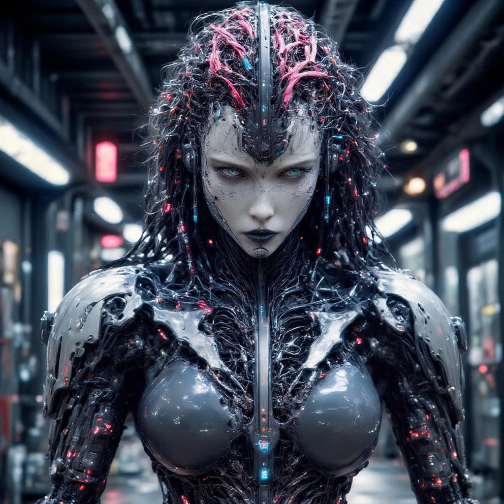 A futuristic cybernetic woman stands close to the camera, her face a complex amalgamation of translucent bio-glass and polished chrome, with a transparent polyethylene film draped over, adding a layer of mystique. Her jawline is sharp, with teeth resembling sleek, metallic fangs. Her eyes emit a soft, pulsating glow, and a delicate, holographic nose piercing shimmers subtly. Her hair is an iridescent cascade, shifting colors between neon pink, cyan, and deep violet, reflecting the latest trends in design.

Her body features unconventional enhancements:

Arms: Her right arm is a series of floating, magnetically connected segments, allowing for fluid and versatile movement. The left arm is a translucent, flexible material, with visible energy currents flowing through, providing both strength and adaptability.

Legs: Her legs are digitigrade, inspired by feline anatomy, granting her enhanced agility and a dynamic silhouette. The surface is a matte black nanomaterial that absorbs light, contrasting with the luminous accents along the joints.

Torso: Her chest houses a visible, crystalline core, pulsating with a soft blue light, symbolizing the fusion of human essence and advanced technology.

The setting is a cutting-edge studio space, with walls composed of modular, holographic panels displaying shifting abstract patterns. The floor is a liquid metal surface, dynamically adjusting to her movements. Suspended in the air are drones projecting beams of light, creating a constantly evolving interplay of shadows and highlights.

In this ultra-realistic 4K composition, every detail is meticulously rendered: the interplay of light on her iridescent hair, the subtle reflections on her bio-glass skin, the intricate mechanics of her unconventional limbs, and the ambient glow of the studio environment. This portrayal embodies the pinnacle of futuristic aesthetics, blending human beauty with avant-garde technological innovation.