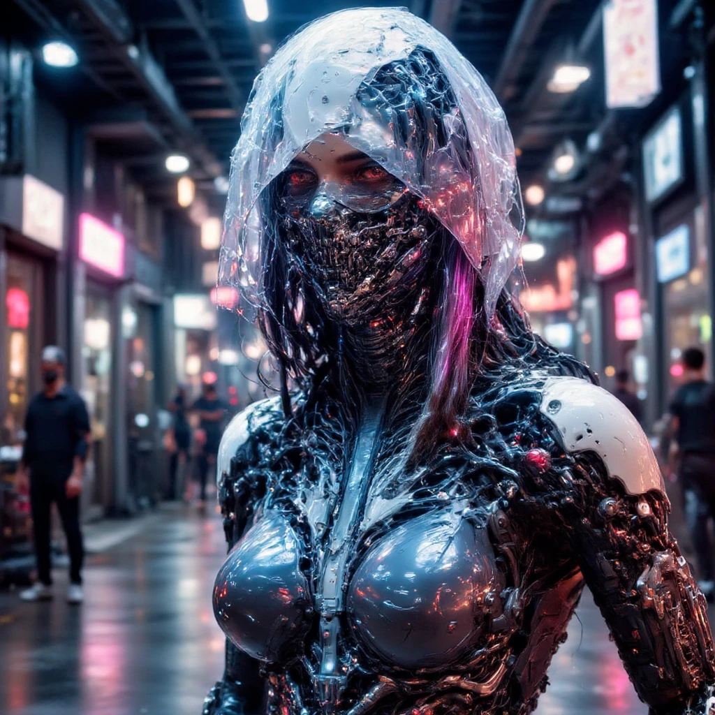 A futuristic cybernetic woman stands close to the camera, her face a complex amalgamation of translucent bio-glass and polished chrome, partially obscured by a transparent polyethylene bag draped over her head, adding an element of enigma. Beneath the plastic, her sharp jawline and metallic fangs are discernible. Her eyes emit a soft, pulsating glow, and a delicate, holographic nose piercing shimmers subtly. Her iridescent hair cascades beneath the polyethylene, shifting colors between neon pink, cyan, and deep violet, reflecting the latest trends in design.

Her body features unconventional enhancements:

Arms: Her right arm consists of floating, magnetically connected segments, allowing for fluid and versatile movement. The left arm is made of a translucent, flexible material, with visible energy currents flowing through, providing both strength and adaptability.

Legs: Her legs are digitigrade, inspired by feline anatomy, granting her enhanced agility and a dynamic silhouette. The surface is a matte black nanomaterial that absorbs light, contrasting with luminous accents along the joints.

Torso: Her chest houses a visible, crystalline core, pulsating with a soft blue light, symbolizing the fusion of human essence and advanced technology.

The setting is a cutting-edge studio space, with walls composed of modular, holographic panels displaying shifting abstract patterns. The floor is a liquid metal surface, dynamically adjusting to her movements. Suspended in the air are drones projecting beams of light, creating a constantly evolving interplay of shadows and highlights.

In this ultra-realistic 4K composition, every detail is meticulously rendered: the interplay of light on her iridescent hair beneath the polyethylene, the subtle reflections on her bio-glass skin, the intricate mechanics of her unconventional limbs, and the ambient glow of the studio environment. This portrayal embodies the pinnacle of futuristic aesthetics, blending human beauty with avant-gard