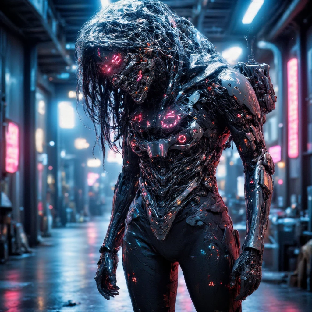 A futuristic cybernetic woman stands close to the camera, her face a complex amalgamation of translucent bio-glass and polished chrome, partially obscured by a transparent polyethylene bag draped over her head, adding an element of enigma. Beneath the plastic, her sharp jawline and metallic fangs are discernible. Her eyes emit a soft, pulsating glow, and a delicate, holographic nose piercing shimmers subtly. Her iridescent hair cascades beneath the polyethylene, shifting colors between neon pink, cyan, and deep violet, reflecting the latest trends in design.

Her body features unconventional enhancements:

Arms: Her right arm consists of floating, magnetically connected segments, allowing for fluid and versatile movement. The left arm is made of a translucent, flexible material, with visible energy currents flowing through, providing both strength and adaptability.

Legs: Her legs are digitigrade, inspired by feline anatomy, granting her enhanced agility and a dynamic silhouette. The surface is a matte black nanomaterial that absorbs light, contrasting with luminous accents along the joints.

Torso: Her chest houses a visible, crystalline core, pulsating with a soft blue light, symbolizing the fusion of human essence and advanced technology.

The setting is a cutting-edge studio space, with walls composed of modular, holographic panels displaying shifting abstract patterns. The floor is a liquid metal surface, dynamically adjusting to her movements. Suspended in the air are drones projecting beams of light, creating a constantly evolving interplay of shadows and highlights.

In this ultra-realistic 4K composition, every detail is meticulously rendered: the interplay of light on her iridescent hair beneath the polyethylene, the subtle reflections on her bio-glass skin, the intricate mechanics of her unconventional limbs, and the ambient glow of the studio environment. This portrayal embodies the pinnacle of futuristic aesthetics, blending human beauty with avant-gard