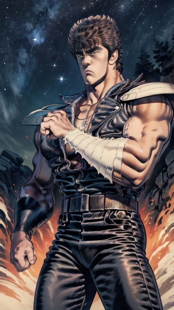  top quality 、Detailed skin depiction 、 detailed expressions 、 realistic skin texture 、  beautiful photo  、 Kenshiro from Fist of the North Star 、 upper body、Look at me with an angry face 、Bend your arm in front of your chest and place your right fist on your left palm、I'm proud、 short hair、Dark Leather Pants, Red undershirt、 boots、 dynamic and tense atmosphere 、Starry sky behind 