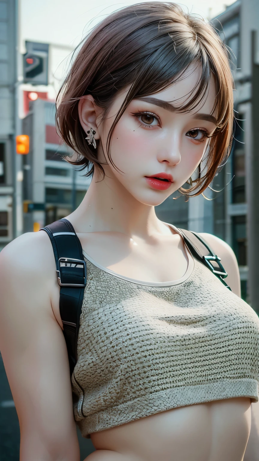 cute girl, portrait, smile, pink short bob hair, happy expression, thick makeup, casual clothes, bangs, dark eyelash,, hires, super hires, super detailed, hyper detailed, masterpiece, great composition, 8K, 4K, dramatic lighting,