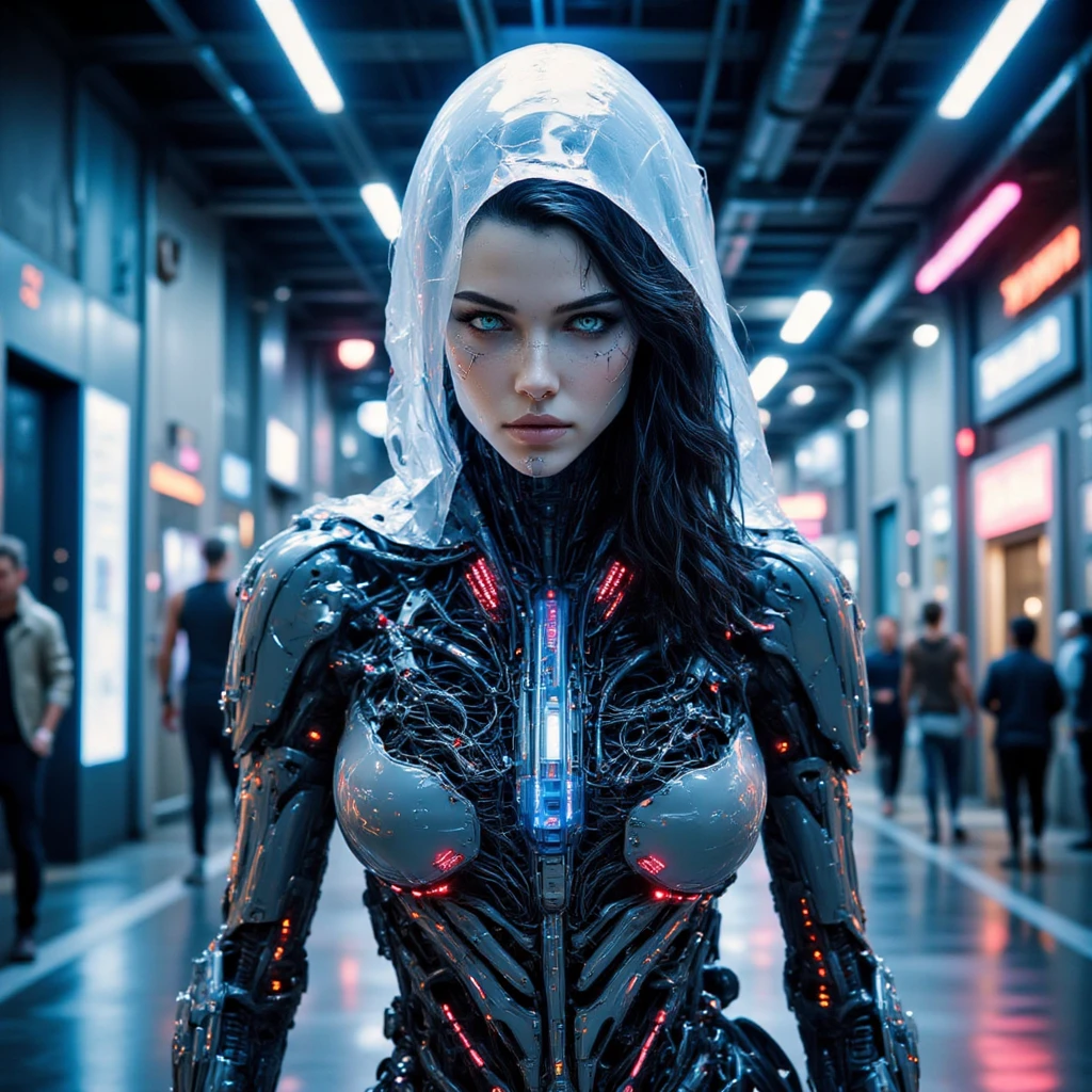 A futuristic cybernetic woman stands close to the camera, her face a complex amalgamation of translucent bio-glass and polished chrome, partially obscured by a transparent polyethylene bag draped over her head, adding an element of enigma. Beneath the plastic, her sharp jawline and metallic fangs are discernible. Her eyes emit a soft, pulsating glow, and a delicate, holographic nose piercing shimmers subtly. Her iridescent hair cascades beneath the polyethylene, shifting colors between neon pink, cyan, and deep violet, reflecting the latest trends in design.

Her body features unconventional enhancements:

Arms: Her right arm consists of floating, magnetically connected segments, allowing for fluid and versatile movement. The left arm is made of a translucent, flexible material, with visible energy currents flowing through, providing both strength and adaptability.

Legs: Her legs are digitigrade, inspired by feline anatomy, granting her enhanced agility and a dynamic silhouette. The surface is a matte black nanomaterial that absorbs light, contrasting with luminous accents along the joints.

Torso: Her chest houses a visible, crystalline core, pulsating with a soft blue light, symbolizing the fusion of human essence and advanced technology.

The setting is a cutting-edge studio space, with walls composed of modular, holographic panels displaying shifting abstract patterns. The floor is a liquid metal surface, dynamically adjusting to her movements. Suspended in the air are drones projecting beams of light, creating a constantly evolving interplay of shadows and highlights.

In this ultra-realistic 4K composition, every detail is meticulously rendered: the interplay of light on her iridescent hair beneath the polyethylene, the subtle reflections on her bio-glass skin, the intricate mechanics of her unconventional limbs, and the ambient glow of the studio environment. This portrayal embodies the pinnacle of futuristic aesthetics, blending human beauty with avant-gard