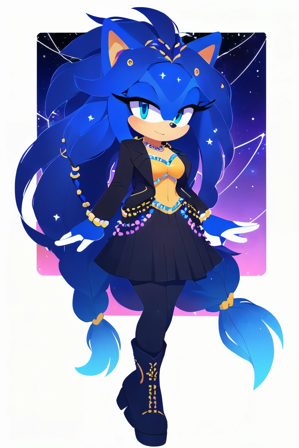 Sonic oc, Mobian, female, sonic the hedgehog but female, Cosmic hedgehog, A beautiful light blue hedgehog, purplish blue eyes, very long hair/quills, braided and beaded long hair bangs, long streaks of hair on each side of her face, (star constellation on hair, beads on hair, smooth fur, slim thick hourglass body, slim fit, wearing a black blazer and a long midi skirt, high boot, black leggings, beaded hair and rings on hair flowing hair,