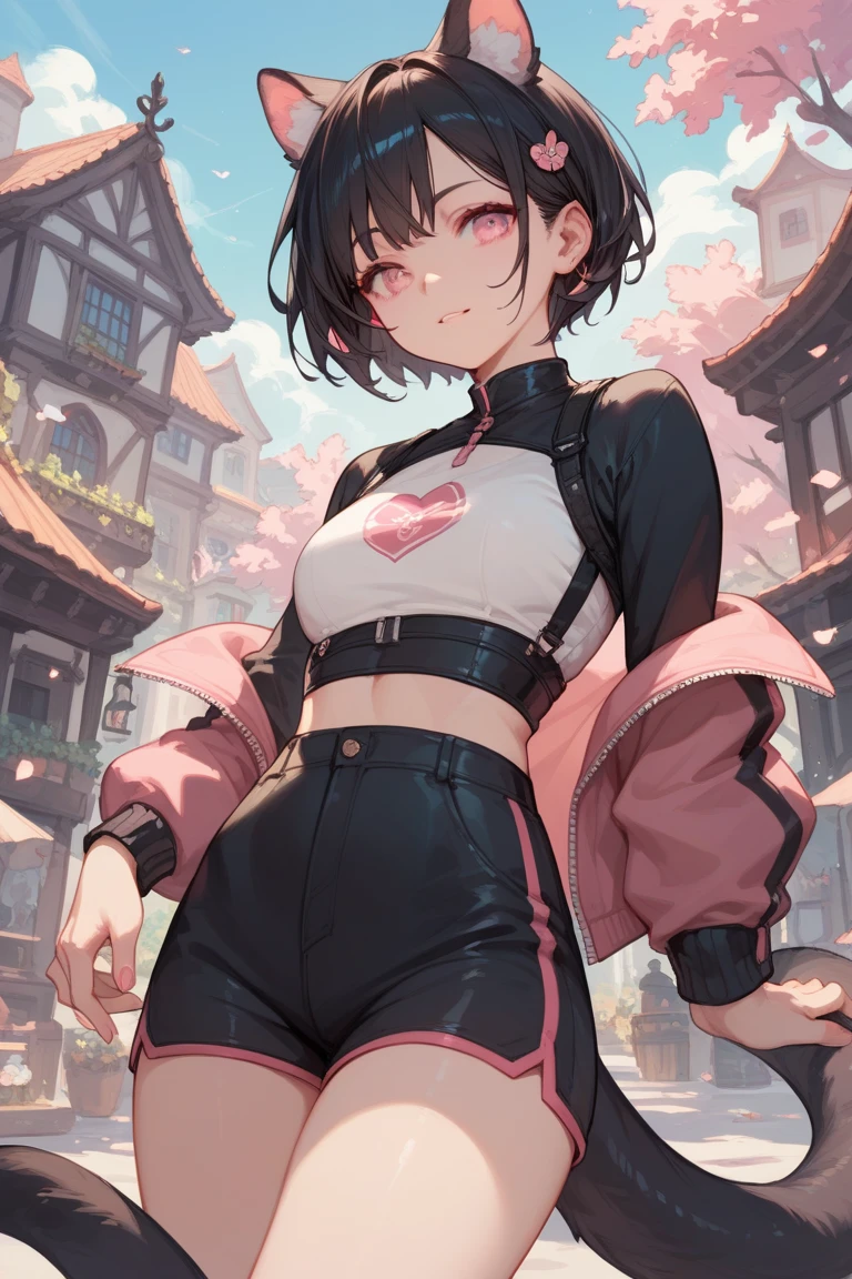  Girl with short black hair,  pink eyes , dark clothes, short clothes, tail in the hair