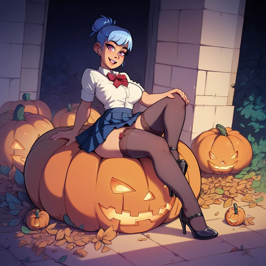 girl in short school skirts , neckline,  stockings,  high heels, Sitting on a pumpkin in the cemetery at midnight 