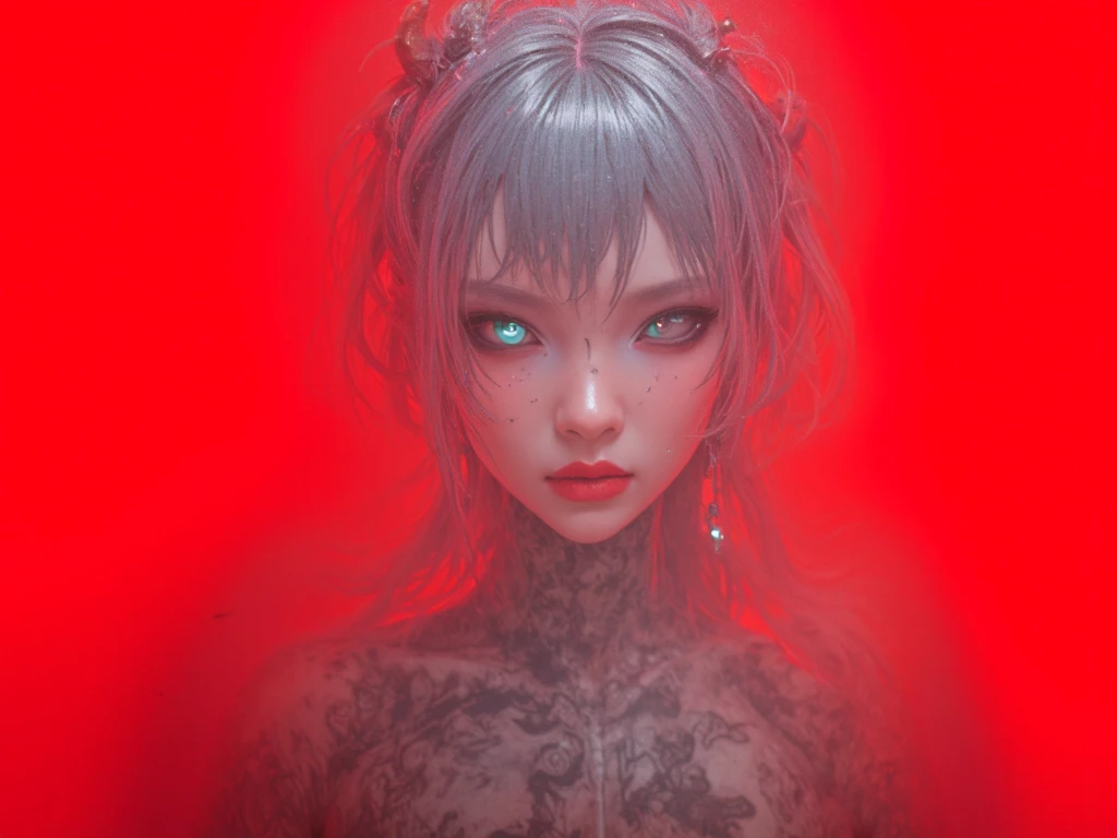  A beautiful young Korean woman .
Gray hair , Chanel style.
Emerald green eyes, expressive, obfuscating, bioluminescentes. 
 angry expression .
tattooed face.
2 horns on the forehead.
 snow-white skin .
 You are holding a katana sword horizontally with your right hand.
Metade do corpo exposto.
 Simple red background.
(anime style 32K, 3d, HDR, UHD, intricate detail, extremely intricate detail, hyperrealistic, extremely realistic, high quality,   vivid color  , extremely detailed).