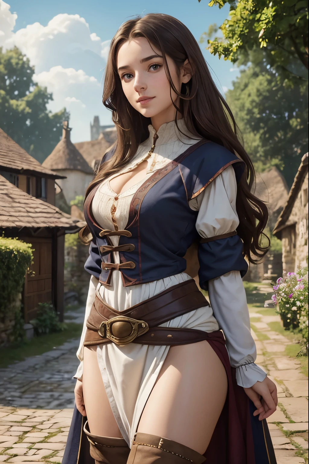 A young female adventurer in a fantasy setting with long hair but one side shaved undercut. She is rather slim. Very small breasts. Wide hips and long thick legs. Extremly pale skin with liverspots. Long wavy Dark brown hair with a shaved sidecut. Sidecut. A narrow soft face. Soft round chin. Rather big forehead. A very long and big nose. Cute curved lips. Big upturned eyes. Very bright and barley visible eyebrows. Very very thin eyebrows. Pale skin with freckles and liverspots. Long neck. Soft, Cool, Funny, Kind, smiling, friendly, Intelligent. Wearing: Fantasy clothing of a adventuerer: With pants, belts and a tight top. Dark black eyeliner. Background: Wide meadow. Blue sky.