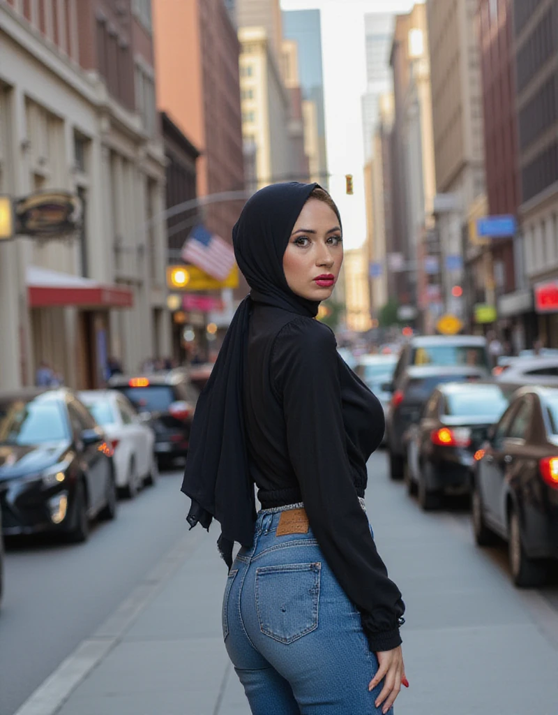 (Masterpiece, Best quality), Perfect Ass Beauty, Detailed long-sleeved blouse, Wearing the hijab on the head, pantalon jeans moulant un cul parfait visage parfait, beau visage, Attirant, De grands yeux magnifiques, ouvrir bouche, contenu, Corps slim fit parfait, (outdoor), Rues de la ville, New York, couleurs vives, lui tourna le dos pour montrer ses fesses, se penche en avant, Turn your head towards the camera, regard coquin, cul parfait, montre son cul, (Masterpiece, Best quality), beautiful woman, Detailed long-sleeved blouse, Wearing the hijab on the head, pantalon jeans moulant un cul parfait visage parfait, beau visage, Attirant, De grands yeux magnifiques, ouvrir bouche, contenu, Corps slim fit parfait, (outdoor), Rues de la ville, New York, couleurs vives, lui tourna le dos pour montrer ses fesses, se penche en avant, Turn your head towards the camera, regard coquin, cul parfait