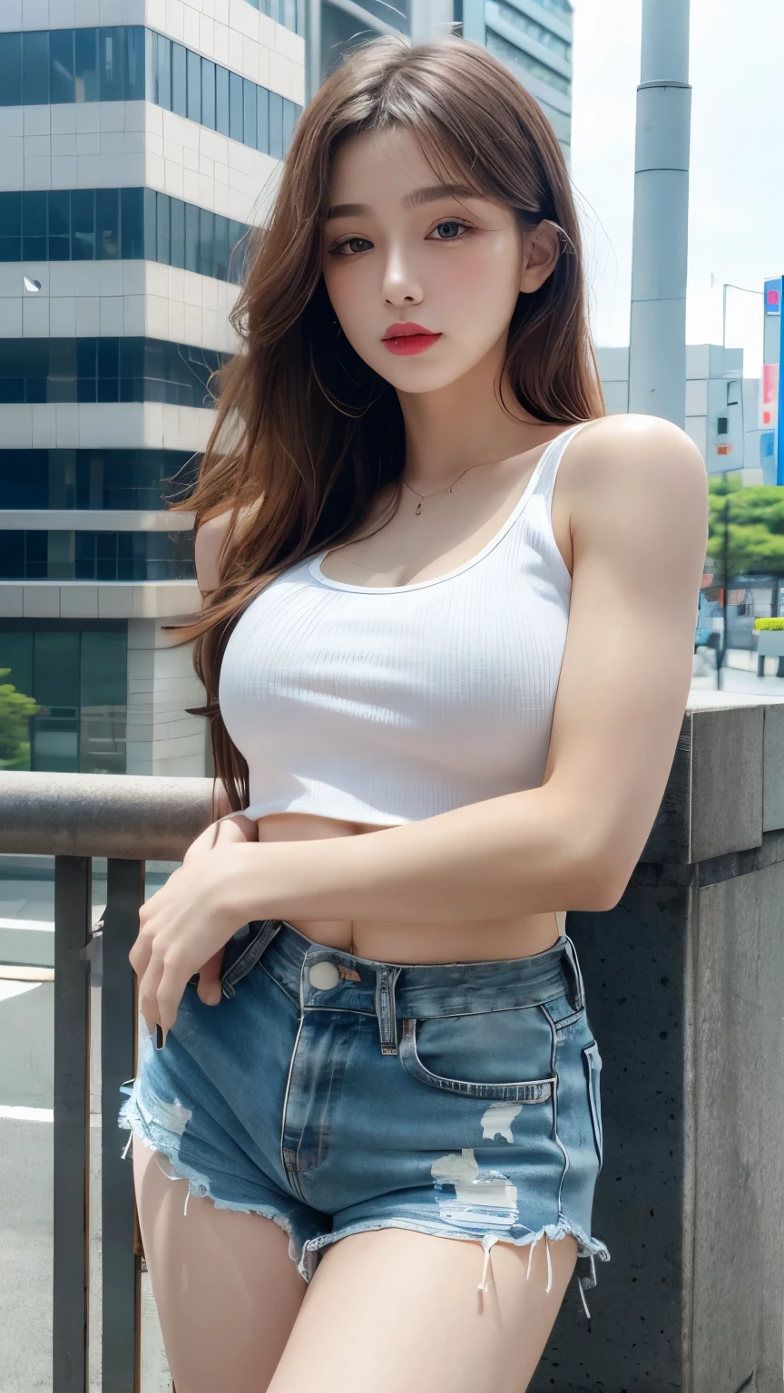 8k, Masterpiece, best quality, realistic, very detailed, 1 woman, healthy body, realistic skin texture, big breasts,staring at the viewer, Short-sleeved T-shirt, tank top, open shoulder,underboobs, under , Sexy Pants, Jean shorts were torn, exposing skin., Open the belly wide,open thigh high,movie light, good eyes, detailed face, The face was bright..., during the day, Outdoor coffee shop in the background, Low angle shot, Standing on an electric pole, View from below,Beautiful tattoos,small belly cake