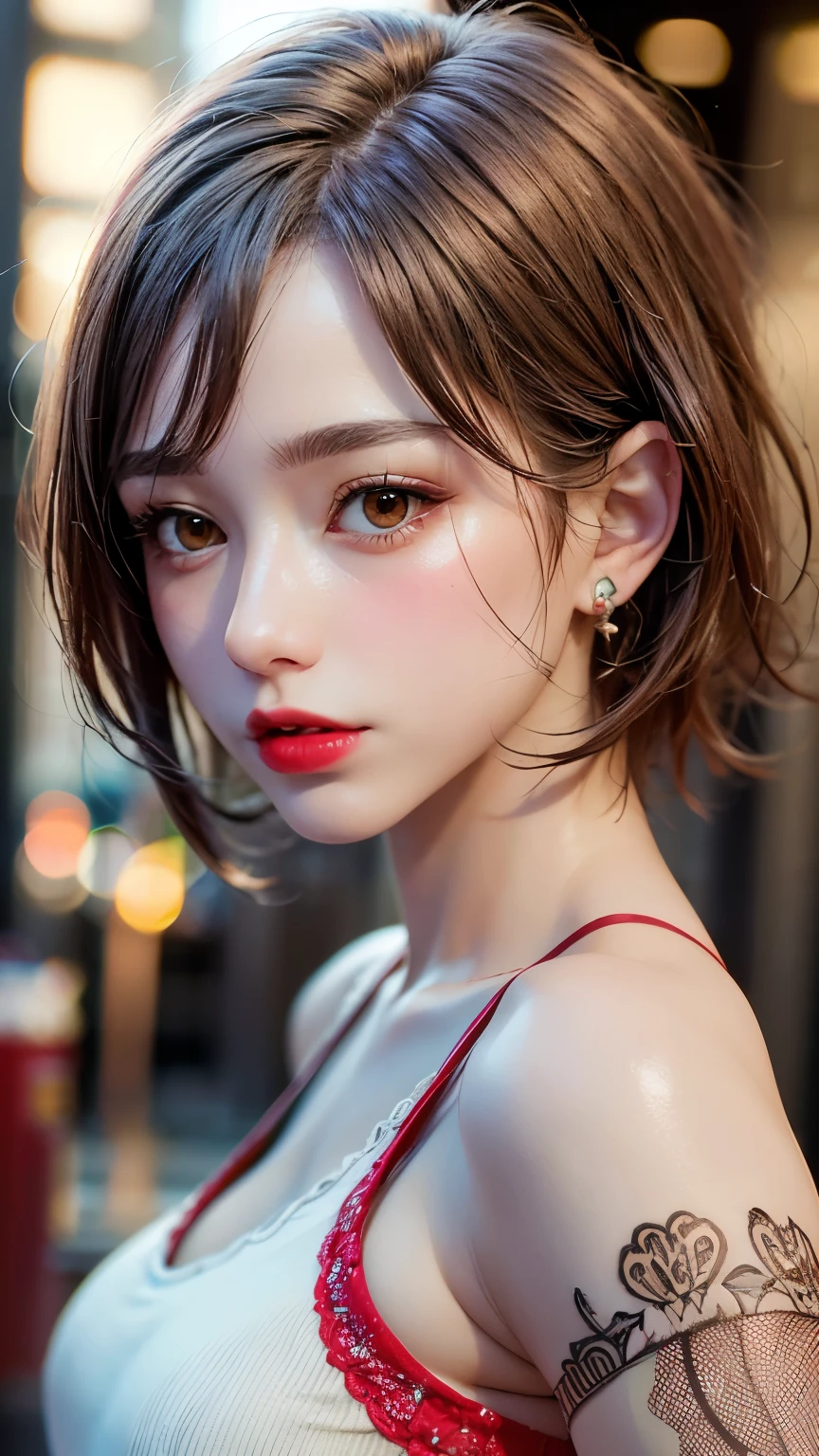 ((Highest quality, 8k, masterpiece :1.3)), (Sharp focus :1.2, Beautiful woman with perfect figure:1.4, Slim Abs:1.2), (looking at camera, full body, shoot from front,), cute middle size breasts, cleavage, (Photorealistic:1.4), (realistic:1.4), (Short Hair, Light brown hair:1.5), Highly detailed beautiful face and skin texture, Fine grain, (very cute face , double eyelid, detailed big eyes), natural makeup, A little bit of lipstick, sex appeal, standing with Sexy gravure pose, (A beautiful woman in elegant silk cheongsam:1.8, wearing elegant earrings and necklace), sweaty body:1.2, (facial expression is big smile), ((on the street at night of Shanghai city))