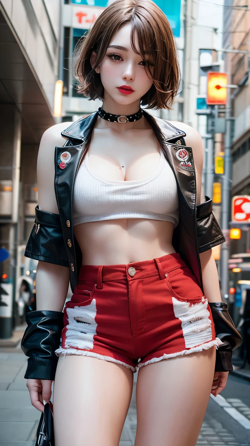photorealistic, high resolution, 1women, mature female, solo, blue eyes, hips up, ((makeup)),red lips, jacket, t-shirt, shorts, cyberpunk style, night city, neon lights