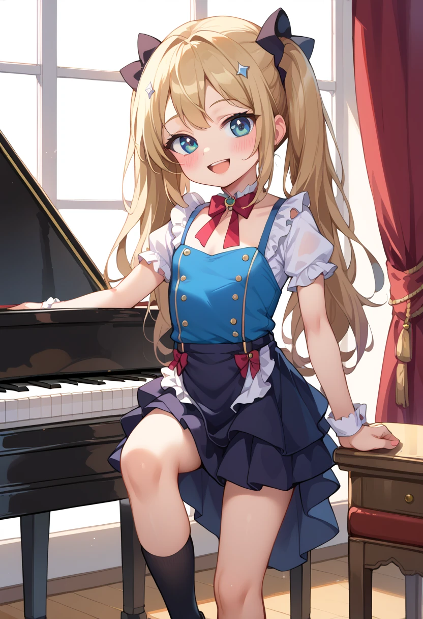 (( top quality )), ((masterpiece)), (be familiar with), perfect face, indoor, bedroom, Watching viewers,
One woman, Krull Tepesi ,
 open mouth,  ecstatic expression beside the piano, blush, smile,
 small ,  flat chest, Young girl, Lori,  ****,  girl,
 long hair,  twin tails,
Leg spread,