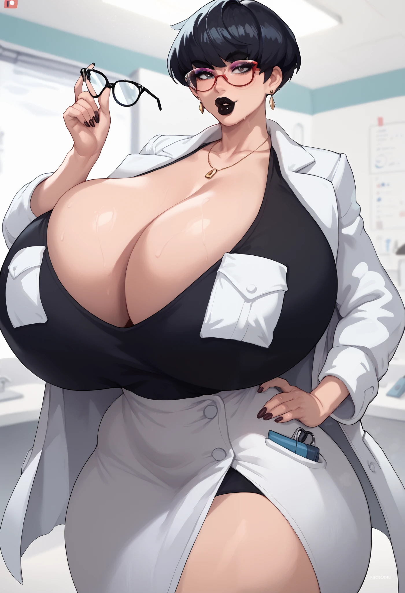 Milf, italian woman, doctor, high cheekbones, sleek hair, pixie haircut, black hair, bangs, big lips, glossy tan lips, pale skin, tall, curvaceous, wide hips, massive breasts, huge ass, white lab coat, black top, glasses, seductive eyes