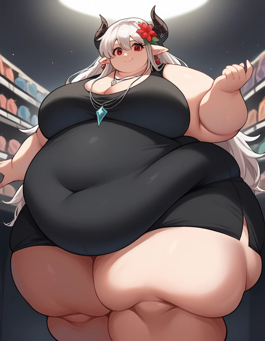 score_9, score_8_ up, score_7_ up,  Source_Anime,  Madrox ,  hair flower, flower,  red eyes, White Hair,  long hair,  Big Breasts,  pointed ears,  hair accessory as Kamui , horn,, black  dress,  dress,  earrings for women with first name, gem,  necklace, Music Store, Browsing Log ,  headphones,  Vinyl Collection,  nostalgic, smile, , smile, from below, Alone,  Extremely Obese  ,特大のBig Breasts, 特大Big Breasts,  huge thighs  , ((Big Breasts, Big Breasts,  huge thighs  ,  big belly  ))  Develop Dynamic Poses  ,  big belly  , excited, 8k, 最  High Quality  ,  High Quality  , wallpaper,  big belly  , Fat,  has thick thighs