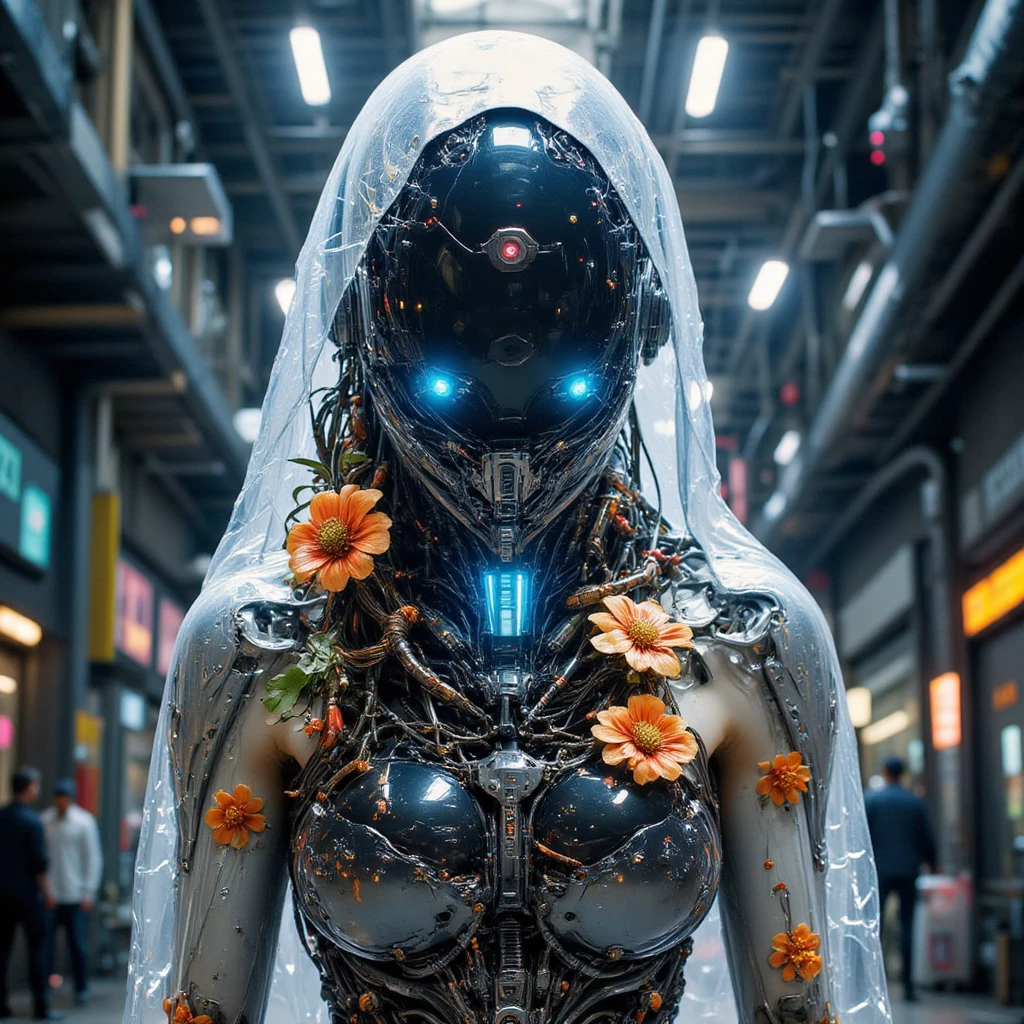 A futuristic cybernetic woman stands close to the camera, her face an intricate blend of bio-glass and polished chrome, shrouded by a transparent polyethylene bag. The bag clings to her sharp features, revealing angular implants and fanged metallic teeth beneath. Her glowing eyes emit an intense light, while a holographic nose piercing adds a delicate yet futuristic touch. Iridescent hair with shifting neon shades cascades beneath the plastic, reflecting the fractured studio light.

She wears a translucent polyethylene cape adorned with vibrant floral patterns. The cape flows gracefully over her cybernetic shoulders, contrasting the cold metallic sheen of her body with its organic designs. Beneath it, her torso houses a crystalline core, pulsing with a faint blue glow, surrounded by exposed, glowing capillaries.

Her body features unique enhancements: segmented, magnetically floating arms that shift seamlessly with her movements, and sleek, digitigrade legs made of matte nanomaterial, absorbing light and exuding stealth. The joints and servos glow faintly, highlighting her biomechanical elegance.

The studio is filled with polyethylene sheets and an endless web of wires. Drones hover in the air, casting dynamic shadows and illuminating her with soft, diffused light. The polyethylene surfaces glisten, smeared with vibrant orange mandarin juice dripping from her synthetic skin, adding a visceral, organic element to the scene.

Every detail—her glowing eyes, floral cape, and liquid reflections—encapsulates a seamless blend of dystopian futurism and fragile beauty.