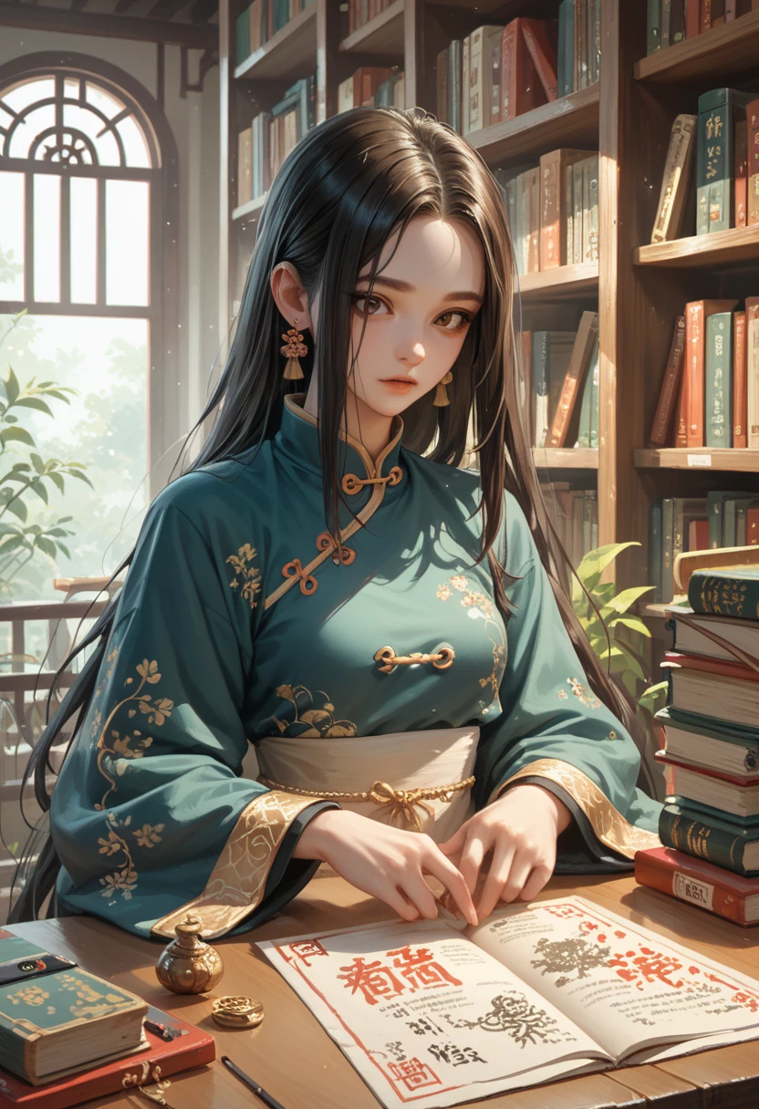  dark hair to the waist,  brown eye , a sharp face with a birthmark on the forehead , punt ,  traditional Chinese streetwear, black and gold ,  clothes inside the Chinese library, long table .