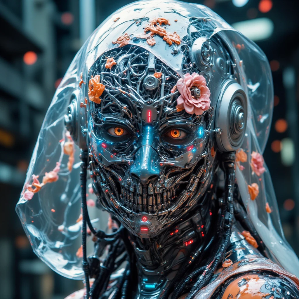 A futuristic cybernetic woman stands close to the camera, her face an intricate blend of bio-glass and polished chrome, shrouded by a transparent polyethylene bag. The bag clings to her sharp features, revealing angular implants and fanged metallic teeth beneath. Her glowing eyes emit an intense light, while a holographic nose piercing adds a delicate yet futuristic touch. Iridescent hair with shifting neon shades cascades beneath the plastic, reflecting the fractured studio light.

She wears a translucent polyethylene cape adorned with vibrant floral patterns. The cape flows gracefully over her cybernetic shoulders, contrasting the cold metallic sheen of her body with its organic designs. Beneath it, her torso houses a crystalline core, pulsing with a faint blue glow, surrounded by exposed, glowing capillaries.

Her body features unique enhancements: segmented, magnetically floating arms that shift seamlessly with her movements, and sleek, digitigrade legs made of matte nanomaterial, absorbing light and exuding stealth. The joints and servos glow faintly, highlighting her biomechanical elegance.

The studio is filled with polyethylene sheets and an endless web of wires. Drones hover in the air, casting dynamic shadows and illuminating her with soft, diffused light. The polyethylene surfaces glisten, smeared with vibrant orange mandarin juice dripping from her synthetic skin, adding a visceral, organic element to the scene.

Every detail—her glowing eyes, floral cape, and liquid reflections—encapsulates a seamless blend of dystopian futurism and fragile beauty.