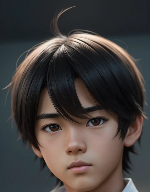 There is a young MAN (     with such a normal and typical face    ) , ugly face(actual), with short hair and white t-shirt , adolescente hiper       realistic       , sujeto hiper       realistic       , Chico anime       realistic       ,       anime style realism       , estilo de arte anime       realistic       , estilo de arte de anime       realistic       , Estilo anime 3D       realistic       ,       Portrait of an anime boy       ,            work of art in the style of Guweiz      , Detallado       Portrait of an anime boy       ,        incredible facial portrait of a dark anime     . model,      of Asian origin    (average, bajo average),   adolescent face  ,       I just saw the spectator       , retrato(       realistic       :1.4), (:1.0),       black eyes ,   very small eyes(perfecta, Dark),   small eyes(perfect), eyes (perfect),eyelash(perfecta),shirt, thin eyebrows(perfect),  rectangular face, Carra Pequeña,  oval triangular chin  , Big Head, mejillas regordetas, chubby girl,long cheeks,dyed hair (negro ), hair perfect con , hair, Makoto himself       (       tsuki ga michibiku isekai douchuu       ),