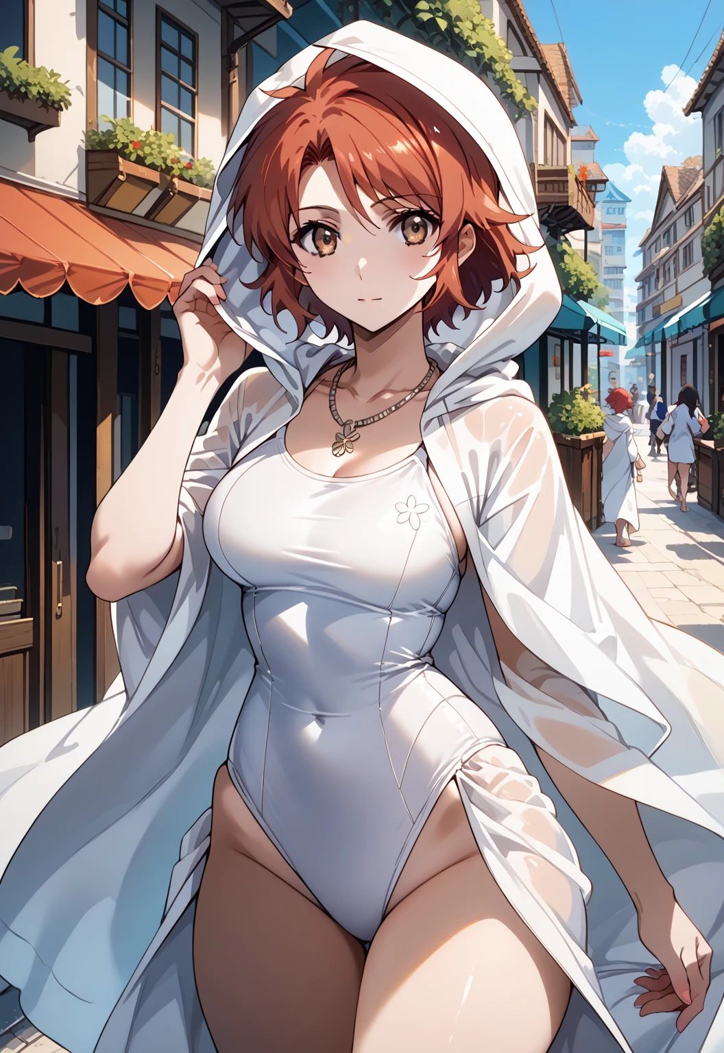 score_9, score_8_up, score_7_up, source_anime, 4K,perfect fingers,(perfect hands, perfect anatomy),
1girl, erikachiba, erika chiba, short hair, brown eyes, red hair,large breast,
wearing ((white one-piece swimsuit, white swimsuit, jewelry, necklace, white shawl, hood up)),,
outdoors, street, looking at viewer, cowboy shot,