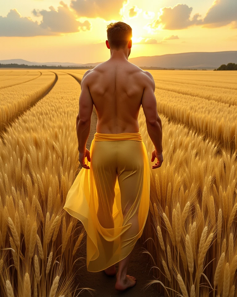 a nude muscular young man with tight butt covered in yellow transparent tulle fabrics walking through a yellow wheat field, by Igor Zenin, romanticism painting, sundow, back view