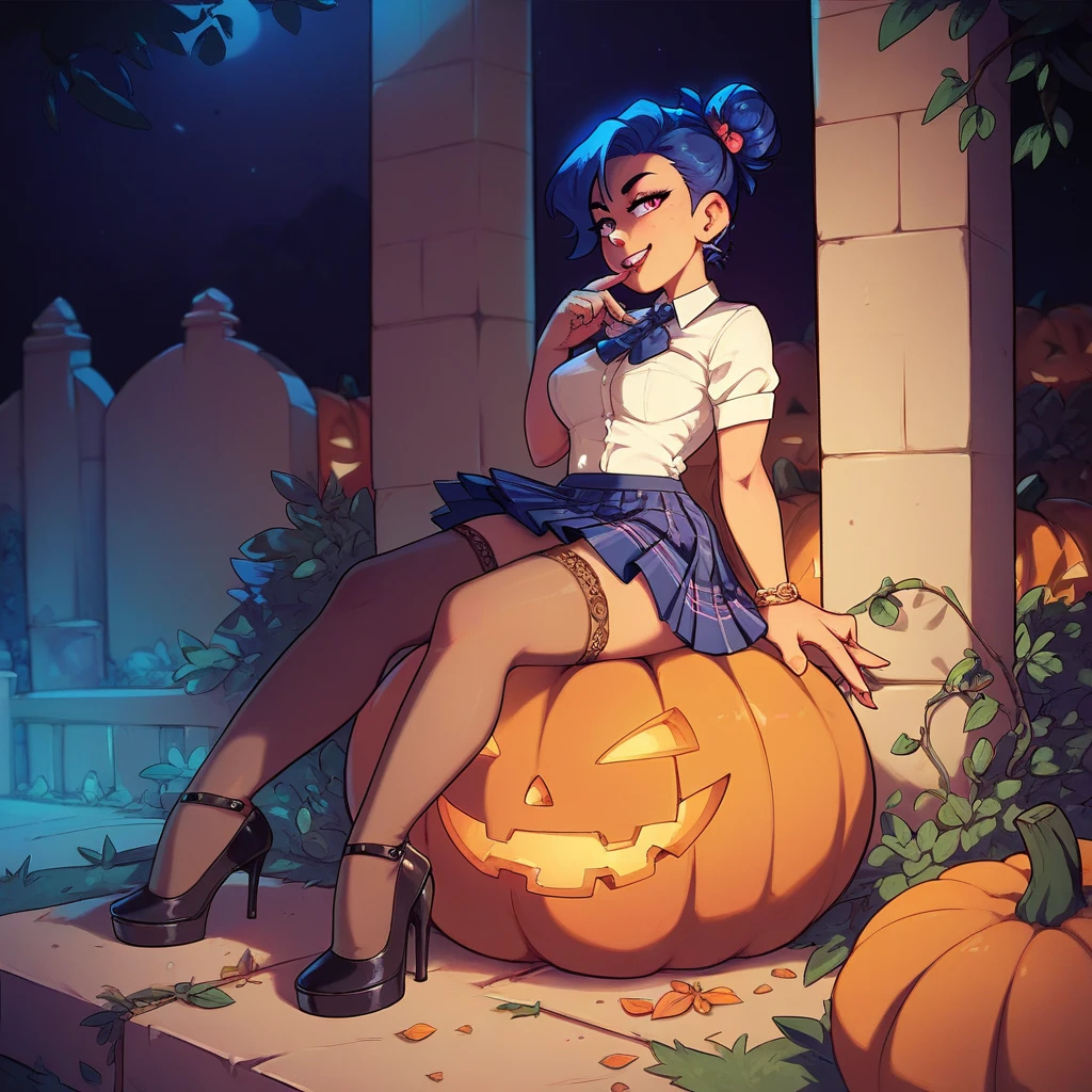 girl in short school skirts , neckline,  stockings,  high heels, Sitting on a pumpkin in the cemetery at midnight 