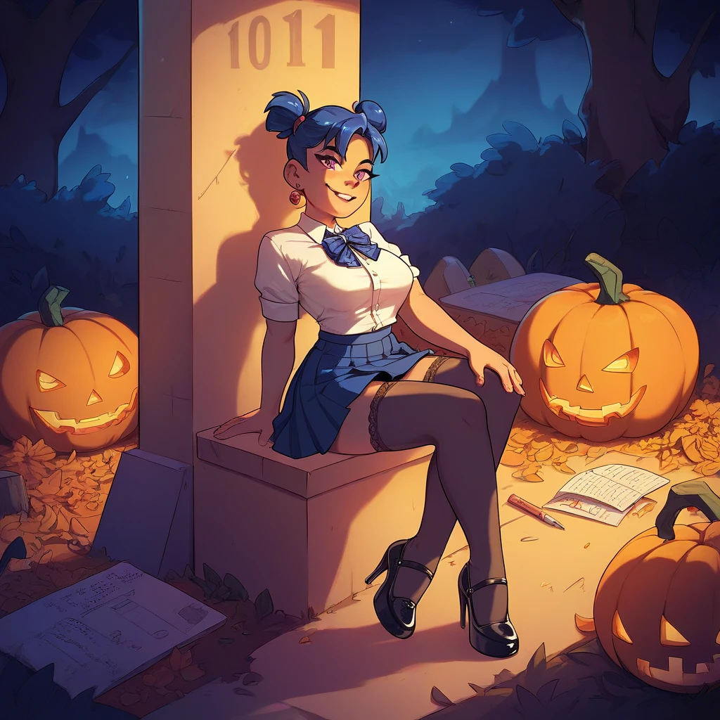 girl in short school skirts , neckline,  stockings,  high heels, Sitting on a pumpkin in the cemetery at midnight 