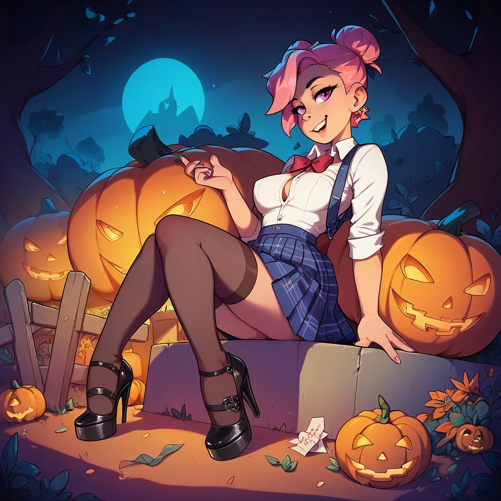 girl in short school skirts , neckline,  stockings,  high heels, Sitting on a pumpkin in the cemetery at midnight 