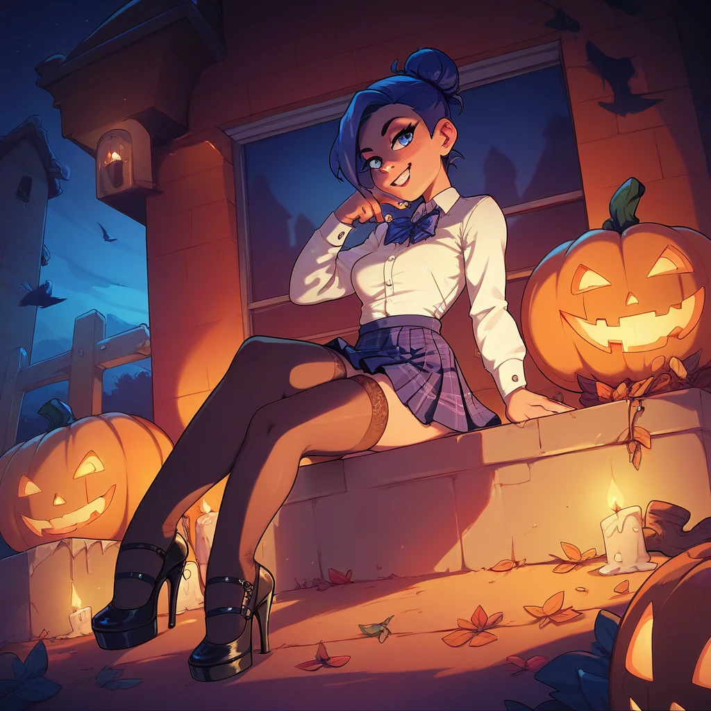 girl in short school skirts , neckline,  stockings,  high heels, Sitting on a pumpkin in the cemetery at midnight 