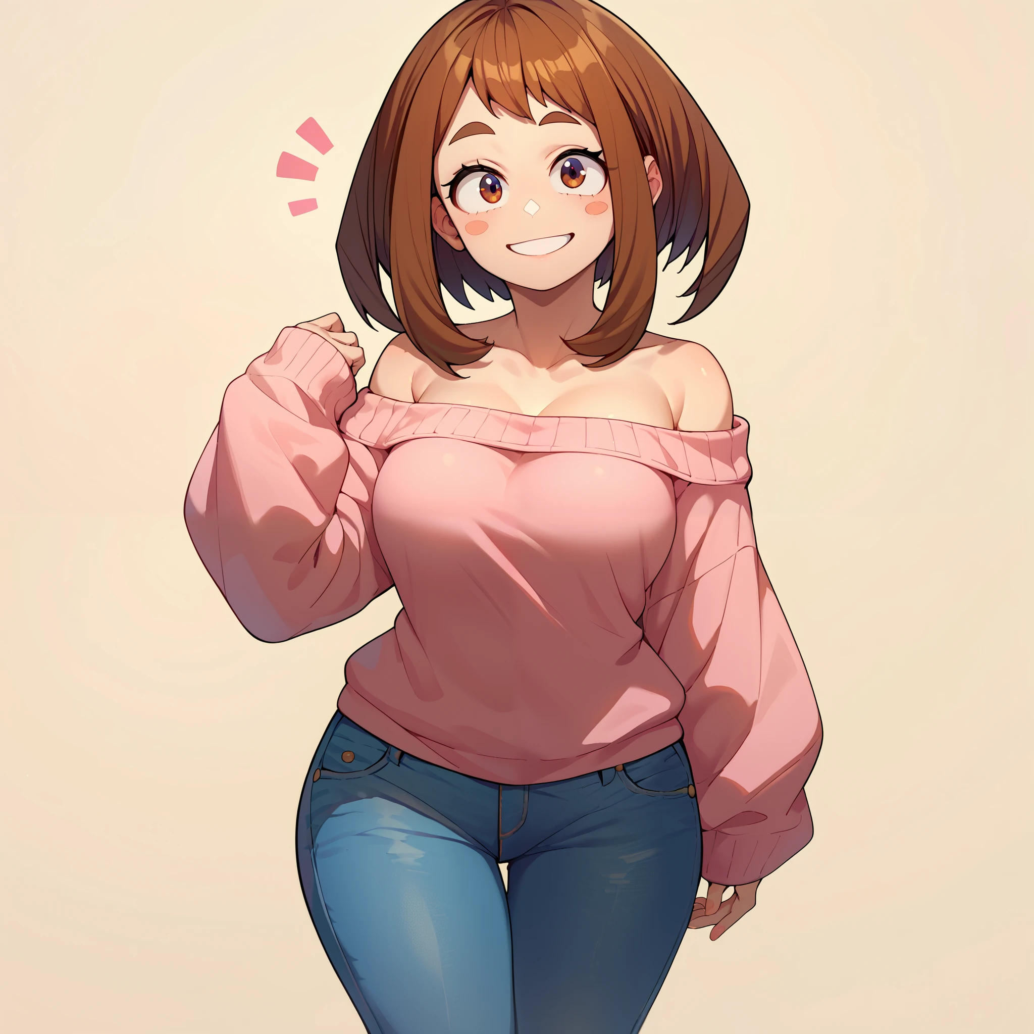 1girl, solo, uraraka ochako, big breasts, wide hips, thick thighs, pink off-shoulder sweater, skinny jeans, blushed, smile, cute, standing, looking at viewer, simple background, from the front view