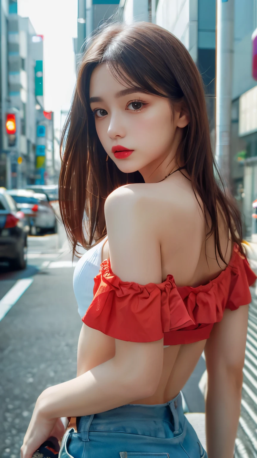 8k,best qualtiy,tmasterpiece:1.2),(realisticlying,realisticlying:1.37),ultra - detailed,best qualtiy,超高分辨率,profesional lighting,photon maping,Radio City,physically-based renderingt,cinmatic lighting,Outdoor photography,depth of fields,Clear focus,rays of sunshine,Good composition,(bokeh:1.2) 1girl,solo,((full bodyesbian)),(Keep one's mouth shut),美丽细致的眼睛,lewd poses,a narrow waist,Superskirt,red hair,messy hair,Long flowing hair,(ulzzang-6500:1.2),slim toned body,slender leg,ssmile,Large breasts