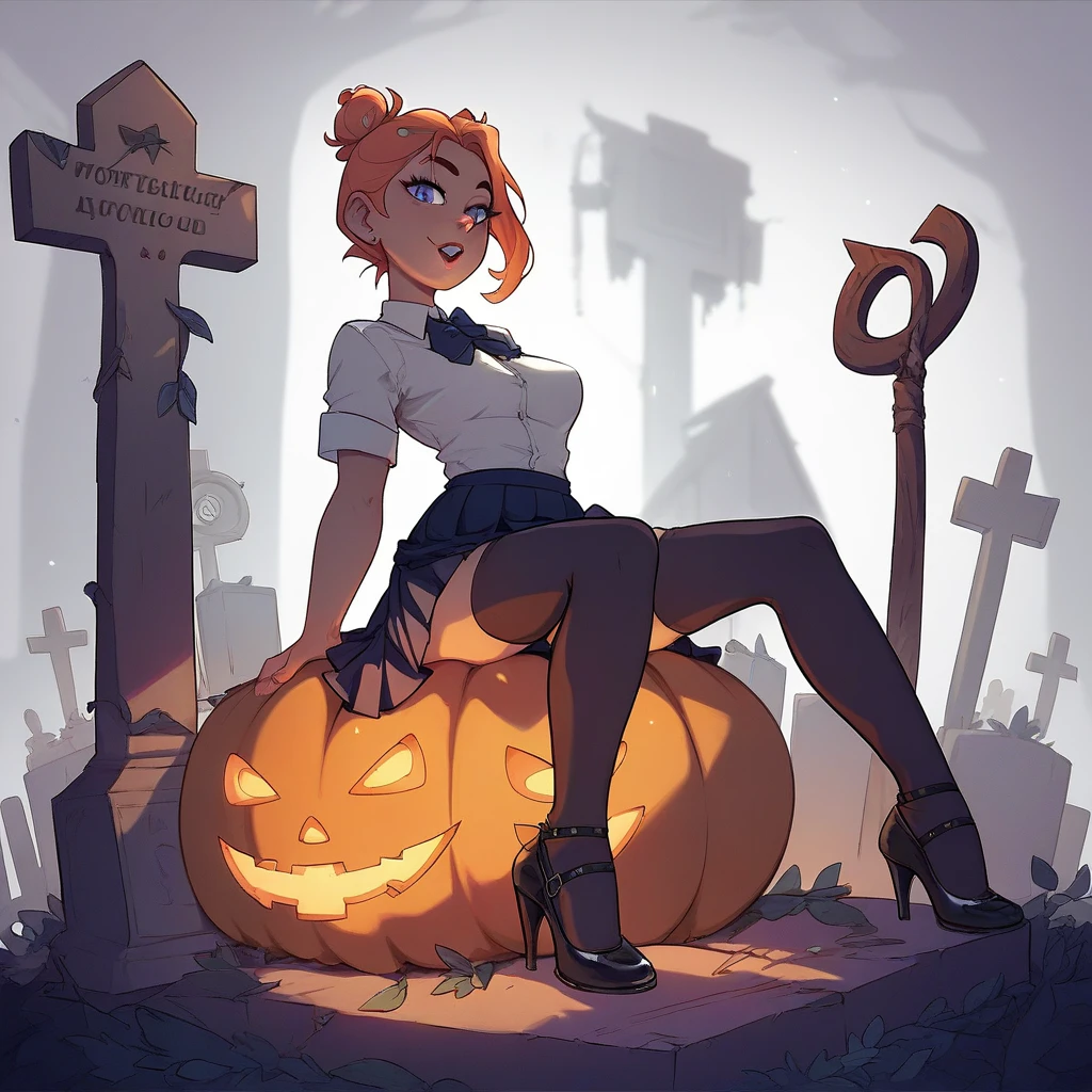 girl in short school skirts , neckline,  stockings,  high heels, Sitting on a pumpkin in the cemetery at midnight 