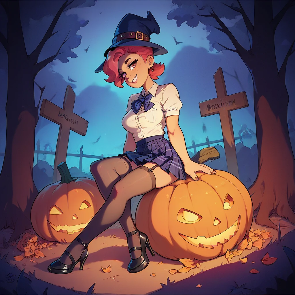 girl in short school skirts , neckline,  stockings,  high heels, Sitting on a pumpkin in the cemetery at midnight 