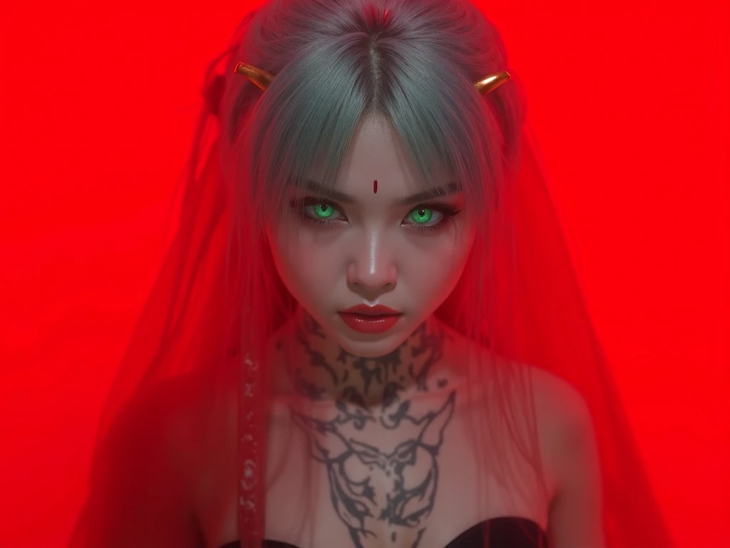  A beautiful young Korean woman .
Gray hair , Chanel style.
Emerald green eyes, expressive, obfuscating, bioluminescentes. 
 angry expression .
tattooed face.
2 horns on the forehead.
 snow-white skin .
 You are holding a katana sword horizontally with your right hand.
Metade do corpo exposto.
 Simple red background.
(anime style 32K, 3d, HDR, UHD, intricate detail, extremely intricate detail, hyperrealistic, extremely realistic, high quality,   vivid color  , extremely detailed).