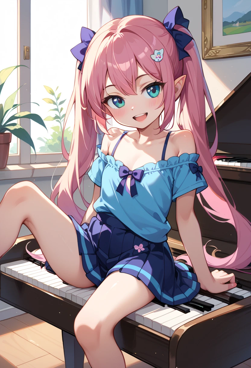 (( top quality )), ((masterpiece)), (be familiar with), perfect face, indoor, bedroom, Watching viewers,
One woman, Krull Tepesi ,
 open mouth,  ecstatic expression beside the piano, blush, smile,
 small ,  flat chest, Young girl, Lori,  kids,  girl,
 long hair,  twin tails,
Leg spread,