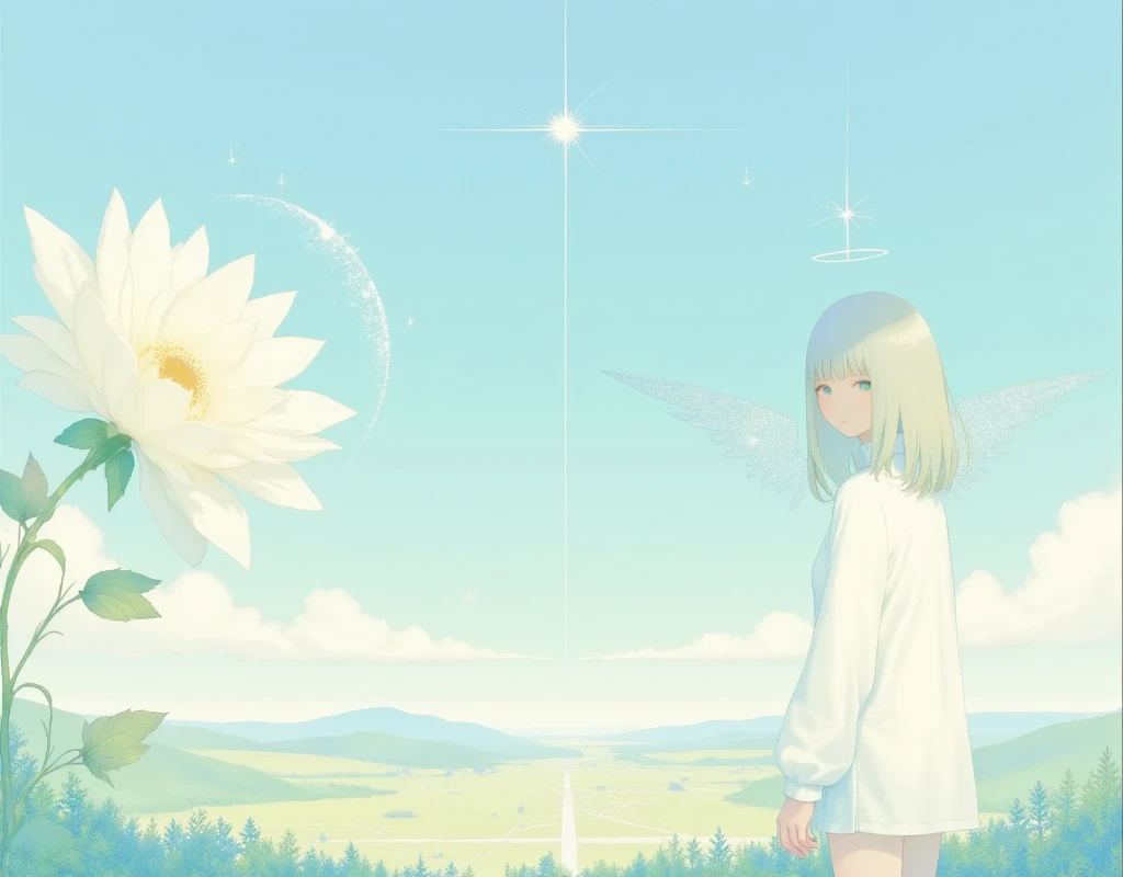 masterpiece,high details, white silhouette art , A White Priestess with Angel Wings,She Sits on a Flower , Big Flower Silhouette ,Beautiful design, angelic atmosphere , bright image, glittering particles, shiny, soft color, kawaii anime, cute illustration, angell dust falling, fancy style,