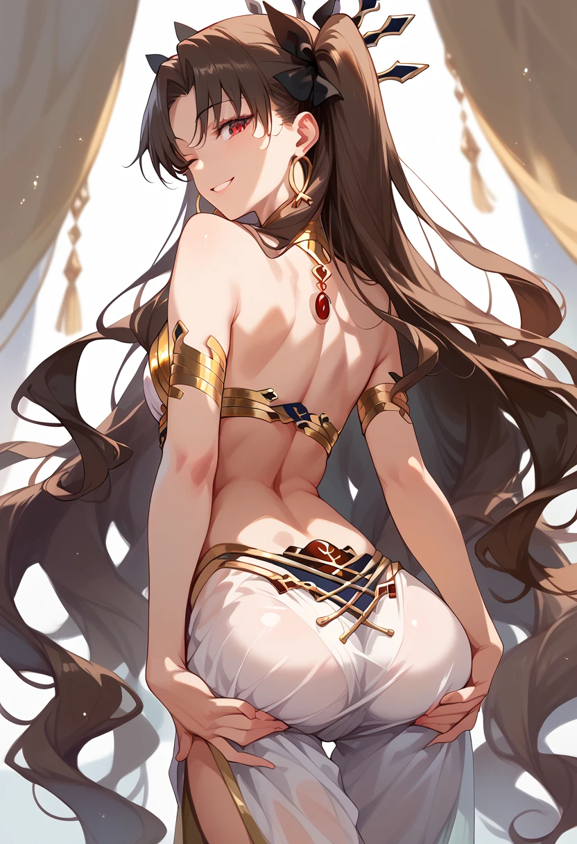 masterpiece, high definition , top quality,8k
(Ishtar, brown Hair, red Eyes, long hair)
(Harem Costume)
smile, back view, spreading ass, winking an eye