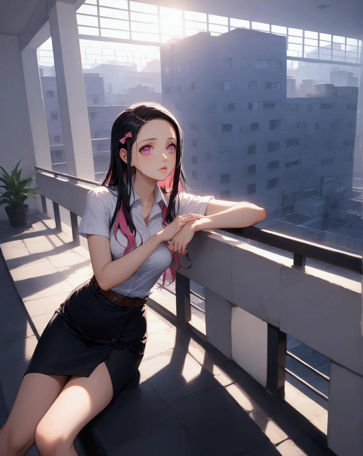 college young woman, sitting posed at balcony, BREAK, {+kamado nezuko, pink eyes, black hair, magenta pupils, pink hair ribbon, two-tone hair}, BREAK, (white short sleeves collared shirt, black pencil skirt, brown belt), BREAK, (1girl, solo, full body), (best quality,4k,8k,highres,masterpiece:1.2),ultra-detailed,cinematic lighting,moody lighting,dramatic shadows,vibrant colors, (expressive eyes, perfect face, perfect anatomy), brighter lighting