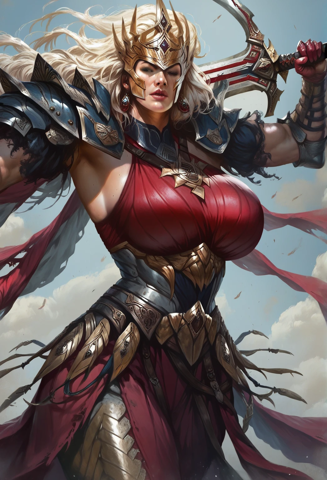 A mid angle portrait of a mature, older woman, muscular woman, amazonian woman, mature woman, milf, thick lips, lipstick. She is wearing  helmet, gauntlets, cloak, tattered clothes, black armor, one hand on blade, holding sword, holding weapon, swinging, covered mouth, arm0rs3nt1n3l, holding weapon, Long cape. Muscular, toned, buff, thick arms, thick legs, huge breasts, big breasts,  High quality, best quality, high resolution, detailed, high detail, hyper detailed.