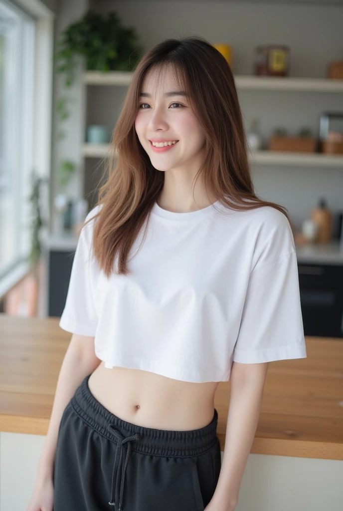  Korean girl with long hair ,  Natural Brown Hair ,   medium chest,  Smiling, seeing white teeth,   wear a white cropped T-shirt with a round neck, short sleeves.,  Wearing black sweatpants  ,RANDOM GESTURES, stand ,  Daylight  ,  daylight  ,That in the cafe  ,