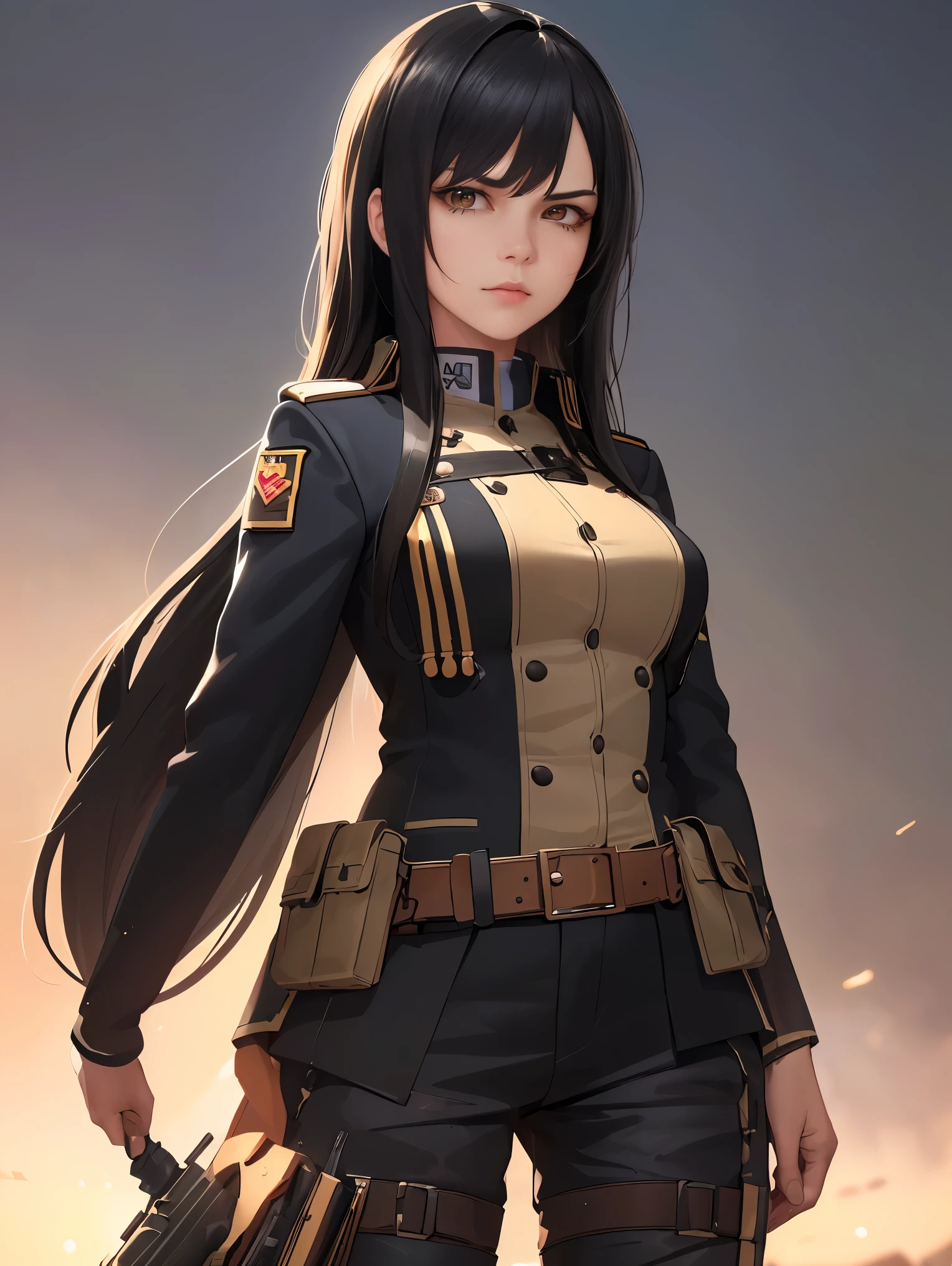 (highest resolution, distinct_image), best quality, masterpiece, highly detailed, semi realistic, a woman with short black hair, mature woman, triple bangs, black uniform, black pleated skirt, military uniform, standing in front of a fighter jet, future, science fiction, universe