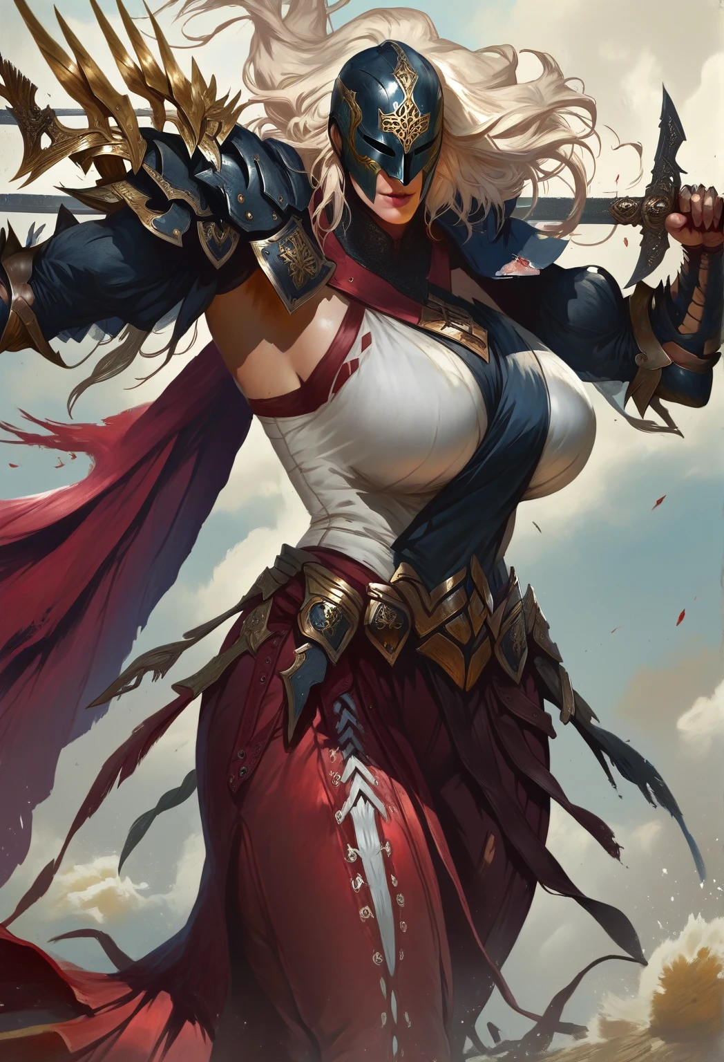 A mid angle portrait of a mature, older woman, muscular woman, amazonian woman, mature woman, milf,. She is wearing  helmet, gauntlets, cloak, tattered clothes, black armor, one hand on blade, holding sword, holding weapon, swinging, covered mouth, arm0rs3nt1n3l, holding weapon, Long cape. Muscular, toned, buff, thick arms, thick legs, huge breasts, big breasts,  High quality, best quality, high resolution, detailed, high detail, hyper detailed.