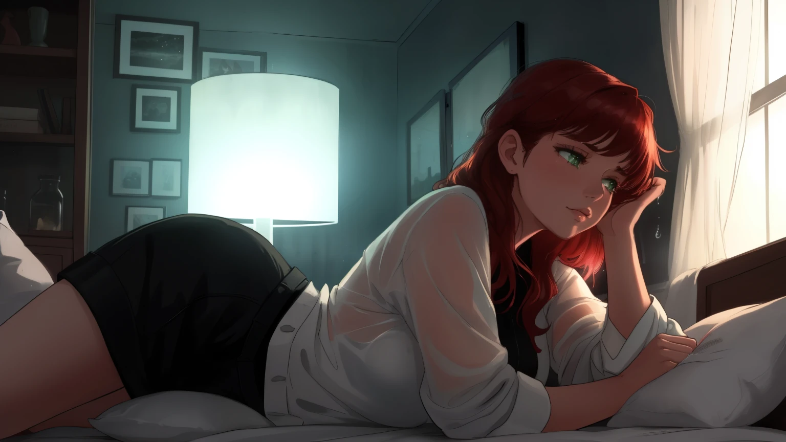 "A cozy and cinematic bedroom with a dark, rainy atmosphere. The room is illuminated by moody neon lights in shades of deep purple and soft green, casting a mysterious and calming glow on the walls. A woman with short auburn red hair is lying on the bed in a prone position, her body relaxed and her head turned slightly to the side as she gazes softly at the large glass window. Outside, heavy rain pours down, with water droplets streaming down the glass. She is dressed in casual, comfortable clothing, blending perfectly with the serene and introspective mood of the scene. A vintage classic TV is playing static or an old movie, adding a nostalgic touch to the dimly lit room. The setting is rich with detail, evoking a sense of solitude, tranquility, and cinematic ambiance."