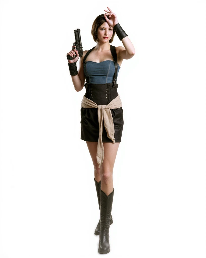 Sienna Guillory as Jill Valentine, black boots, black hair, skirt, blue top, Resident Evil Apocalypse, deep cleavage, cleavage.