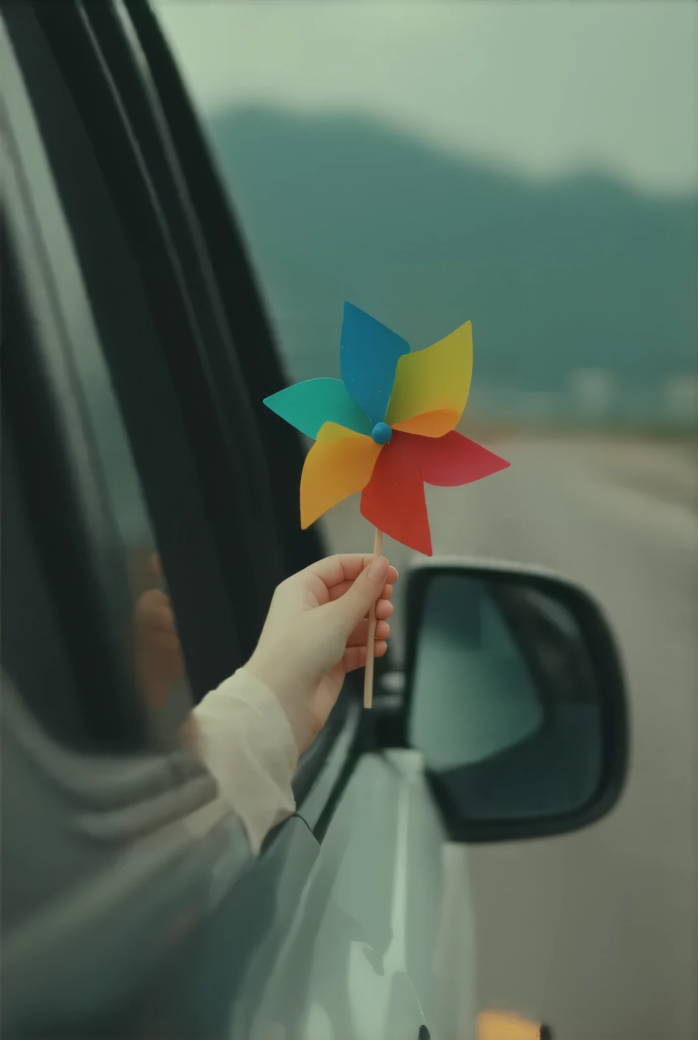  close-up shot of a colored windmill in one hand ， A little hand looking out of the car window holding the windmill， Hong Kong style retro style ，Streaming video ， Ultra HD