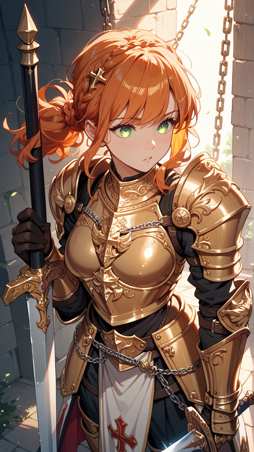 1girl, green eyes, wearing heavy armor, high res, ultrasharp, 8K, masterpiece, looking at viewer, smiling, blonde, messy mid-pony tail, posing, white armor, red hair tie
