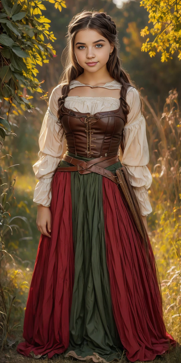 ((  full body view )),(( full body view )),((im Stil von William-Adolphe Bouguereau)),(( high resolution)), ((pale skin)), ((Epic pose)),(freckled), brunette ((young teenage girl )), with blue eyes, blushing cheeks,(blond long wave hair ),(Smiling),(fantasy warrior),archer,Archer, revealing dress in medieval style,  lightweight armor ,In front of a castle ,Fantasy,deep neckline