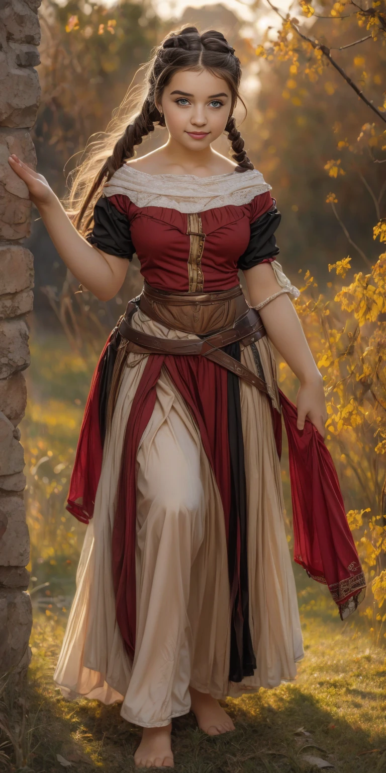 ((  full body view )),(( full body view )),((im Stil von William-Adolphe Bouguereau)),(( high resolution)), ((pale skin)), ((Epic pose)),(freckled), brunette ((young  girl )), with blue eyes, blushing cheeks,(blond long wave hair ),(Smiling),(fantasy warrior),archer,Archer, revealing dress in medieval style,  lightweight armor ,In front of a castle ,Fantasy,deep neckline